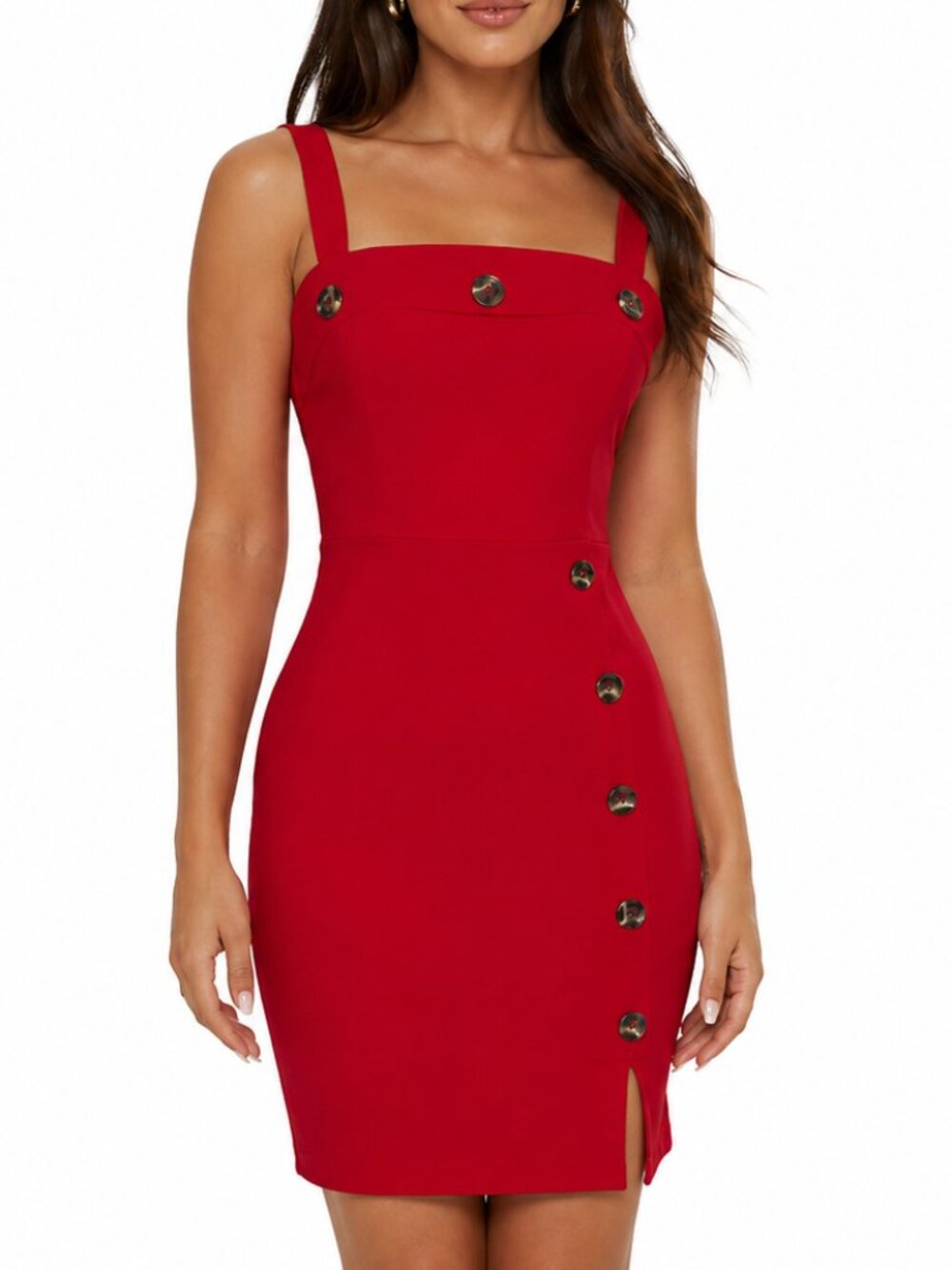 STELLA LUCE Red Pinup Bodycon Dress Button Front Midi Slit L